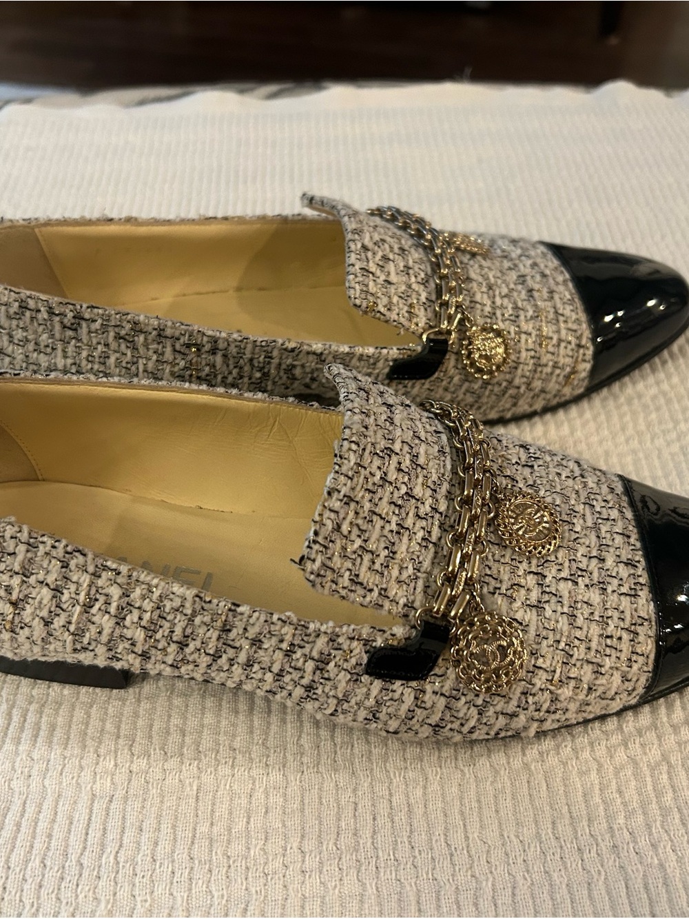 CHANEL Beige Tweed Loafers with Black Patent Cap Toe and Gold Chain Medallions - Picture 2 of 8